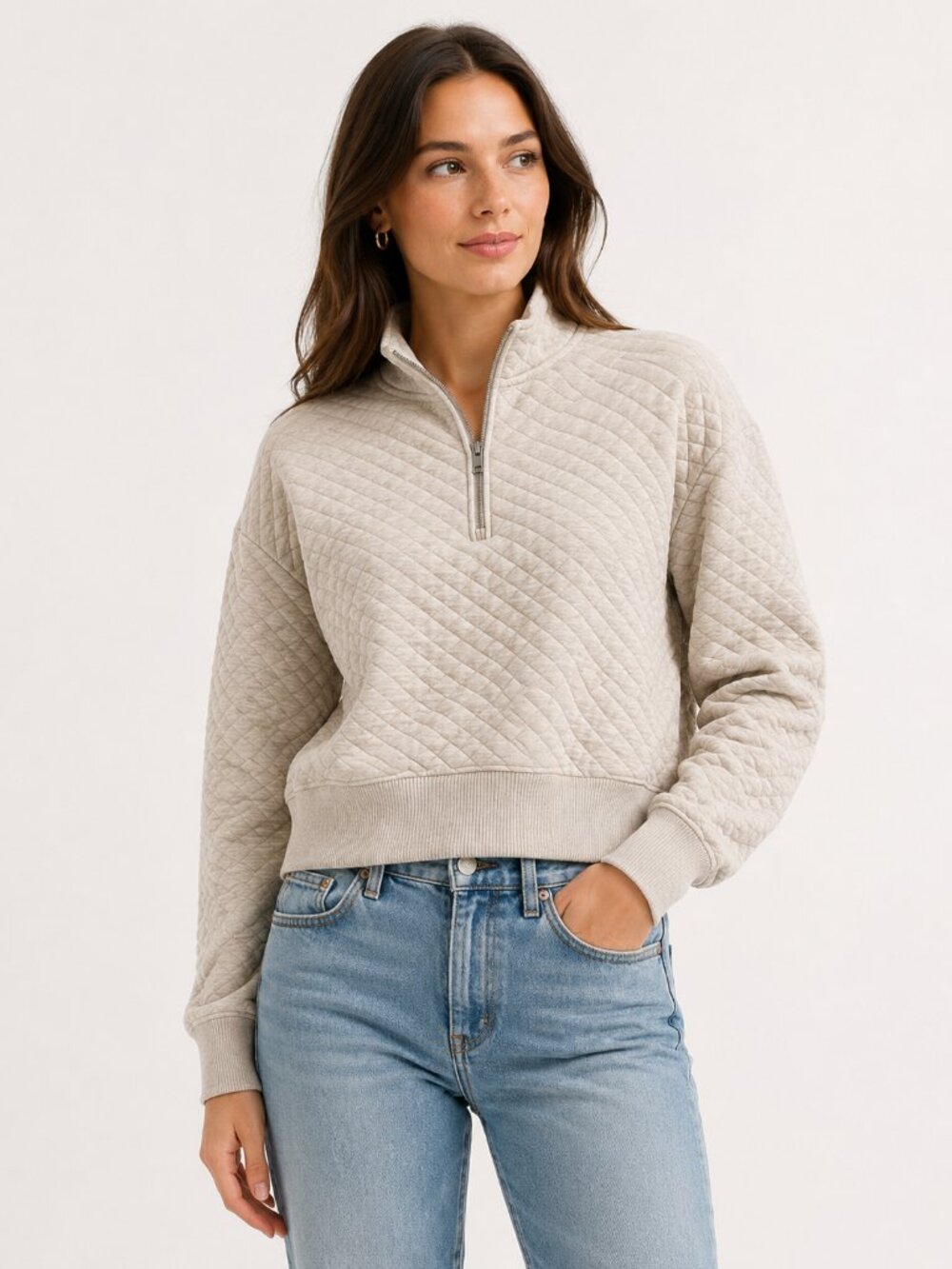 Banana Republic Quilted Half-Zip Sweatshirt in Light Beige